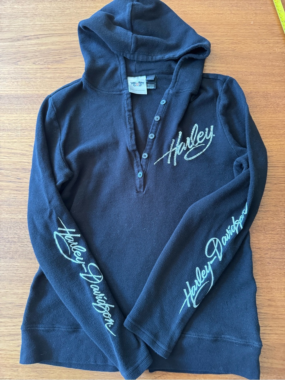 bling rhinestone Harley Davidson  Black waffle pullover hoodie women’s - Picture 2 of 7